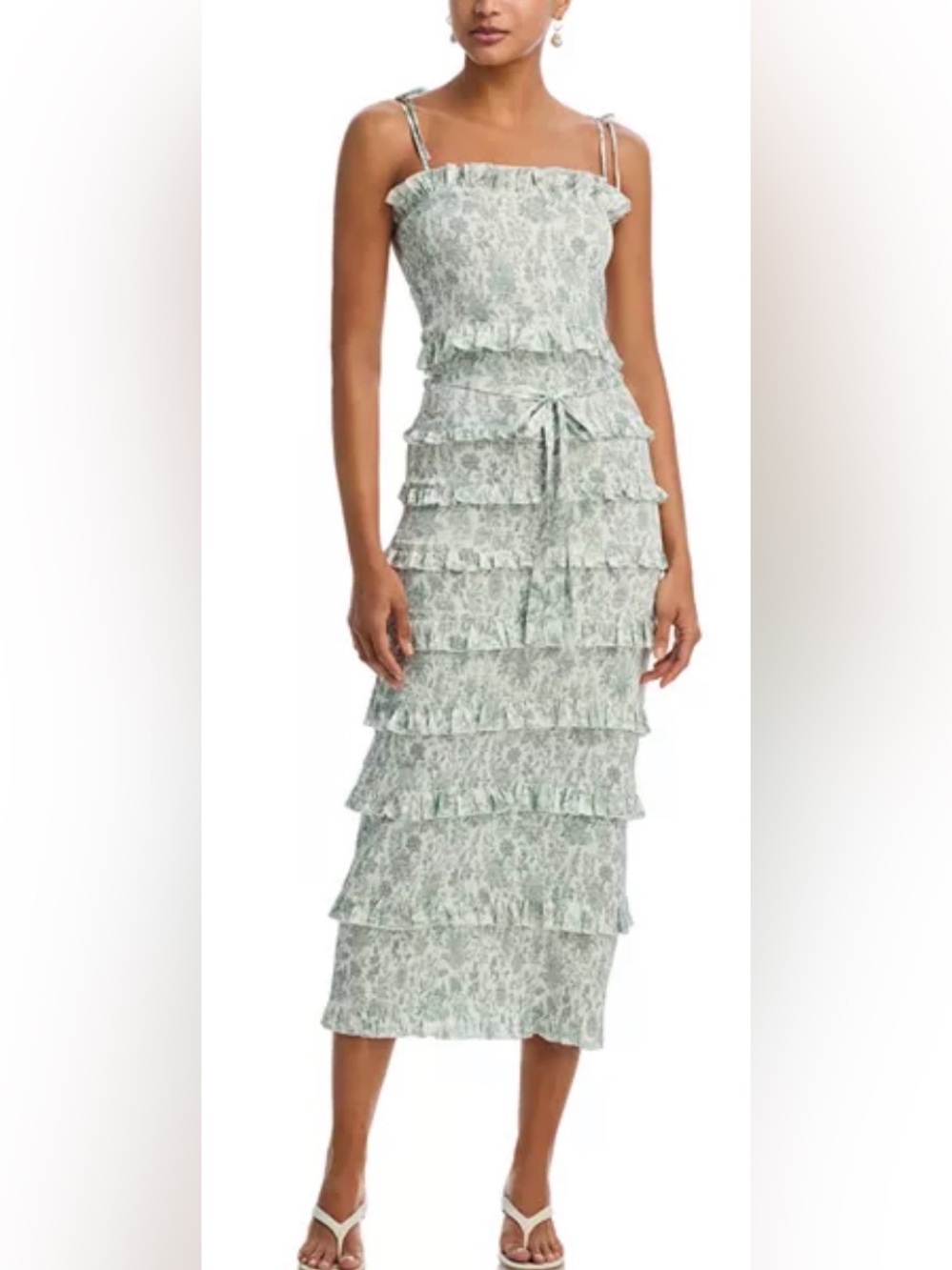 V. Chapman Lily Smocked Floral Print Ruffle Trim Midi Dress | Sage Toile | 2